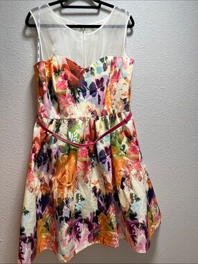 City Chic Ivory Mesh Yoke Floral Fit-and-Flare Dress with Pink Waist Trim